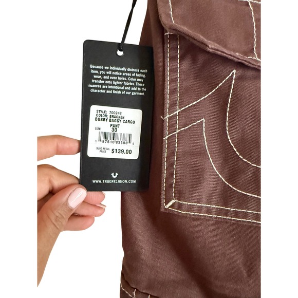 NWT True Religion Bobby Cargo Pants Bracken Brown Baggy Menswear Contrast Stitch - Picture 5 of 7
